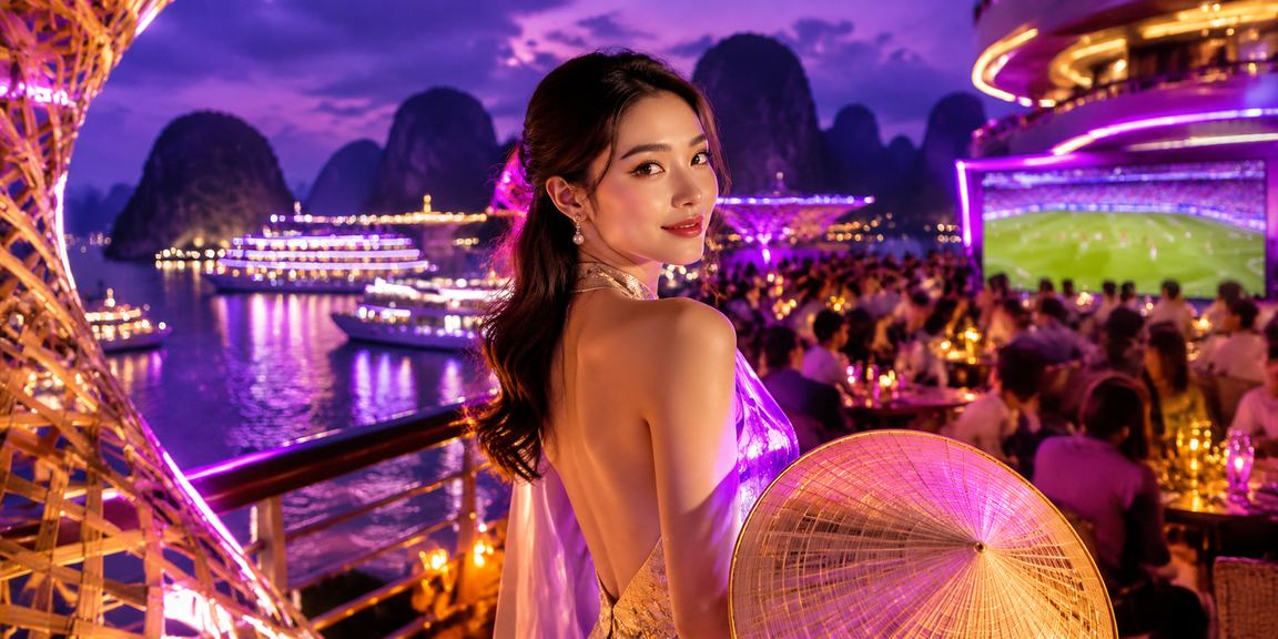 Cảnh Vịnh Hạ Long và người dùng đặt kèo bóng đá trực tuyến qua điện thoại