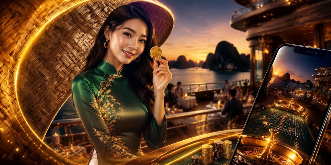 Người chơi đăng nhập casino trên điện thoại tại vịnh Hạ Long với nón lá truyền thống